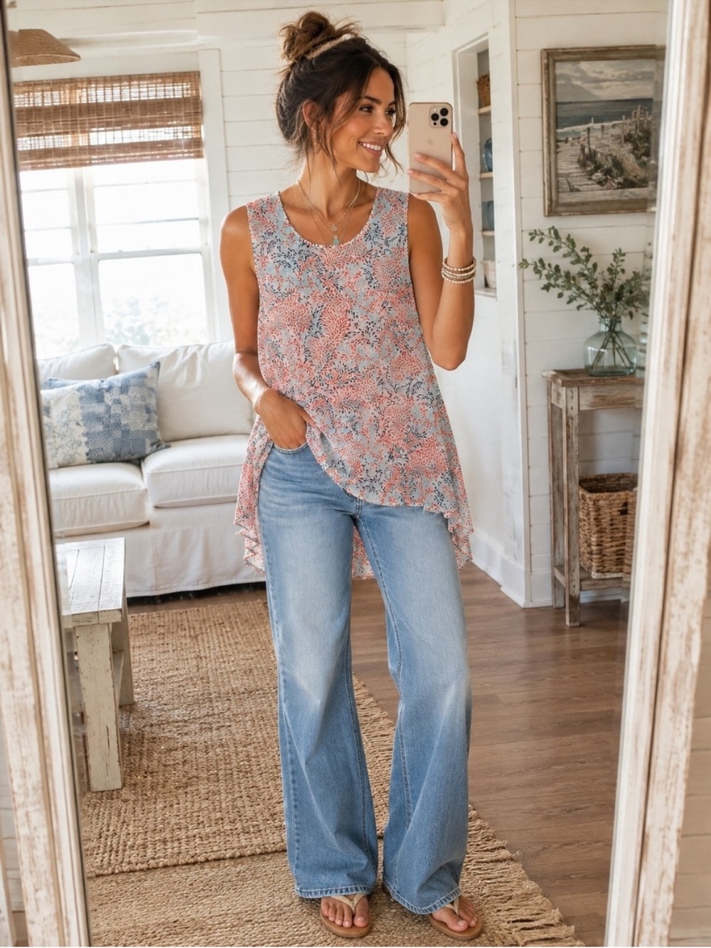 Fever Blue and Red Floral-Print Sleeveless Tank